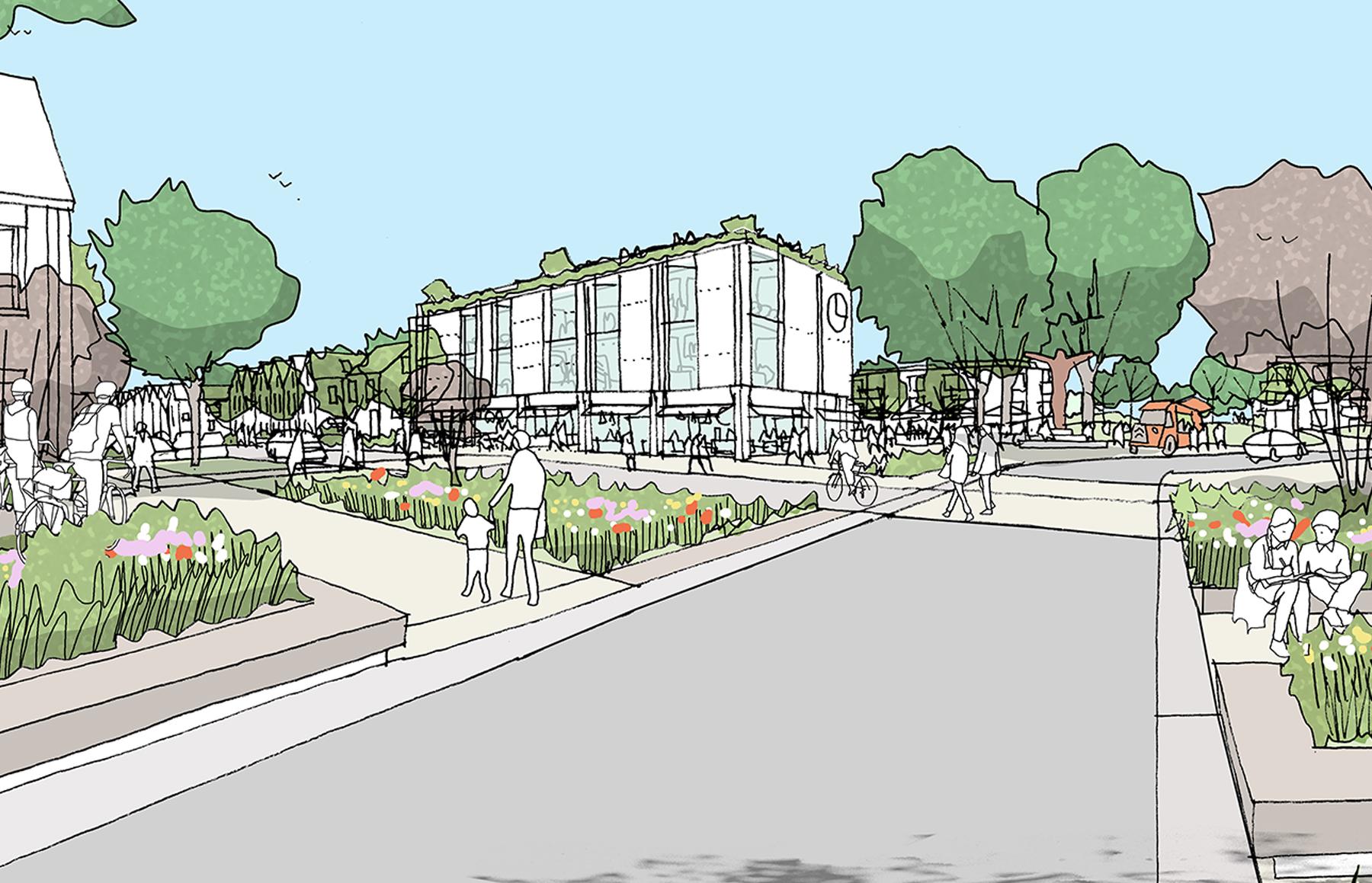 ILLUSTRATIVE SKETCH OF THE PRIMARY ROAD LOOKING TOWARDS THE COMMUNITY BUILDING